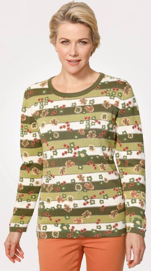 MONA Trui met bloemendessin Olijf/Pistache