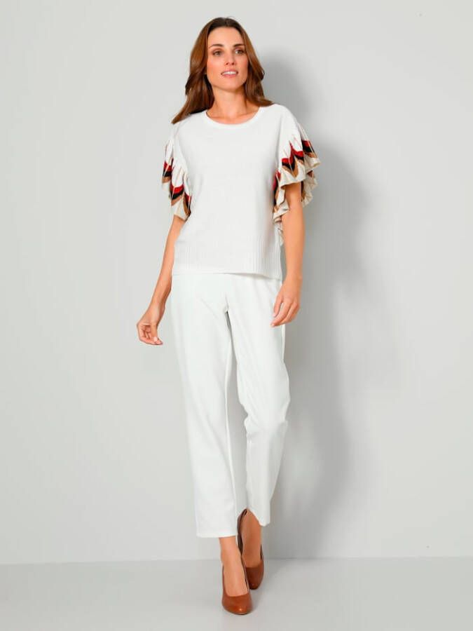 MONA Trui met decoratieve volantmouwen Ecru/Goudkleur/Rood