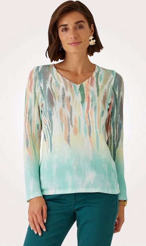 MONA Trui met grafische print Groen/Wit/Oranje