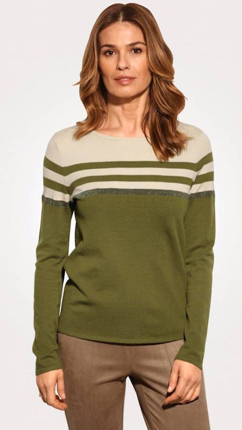 MONA Trui met strepen Grijs/Zand/Mosgroen