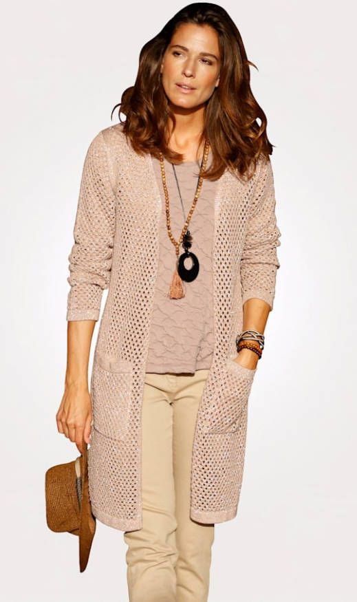 MONA Vest met grofgebreid ajourpatroon Beige/Zilverkleur