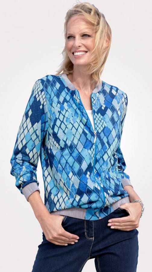 MONA Vestje met grafisch patroon Marine/Turquoise/Zilverkleur