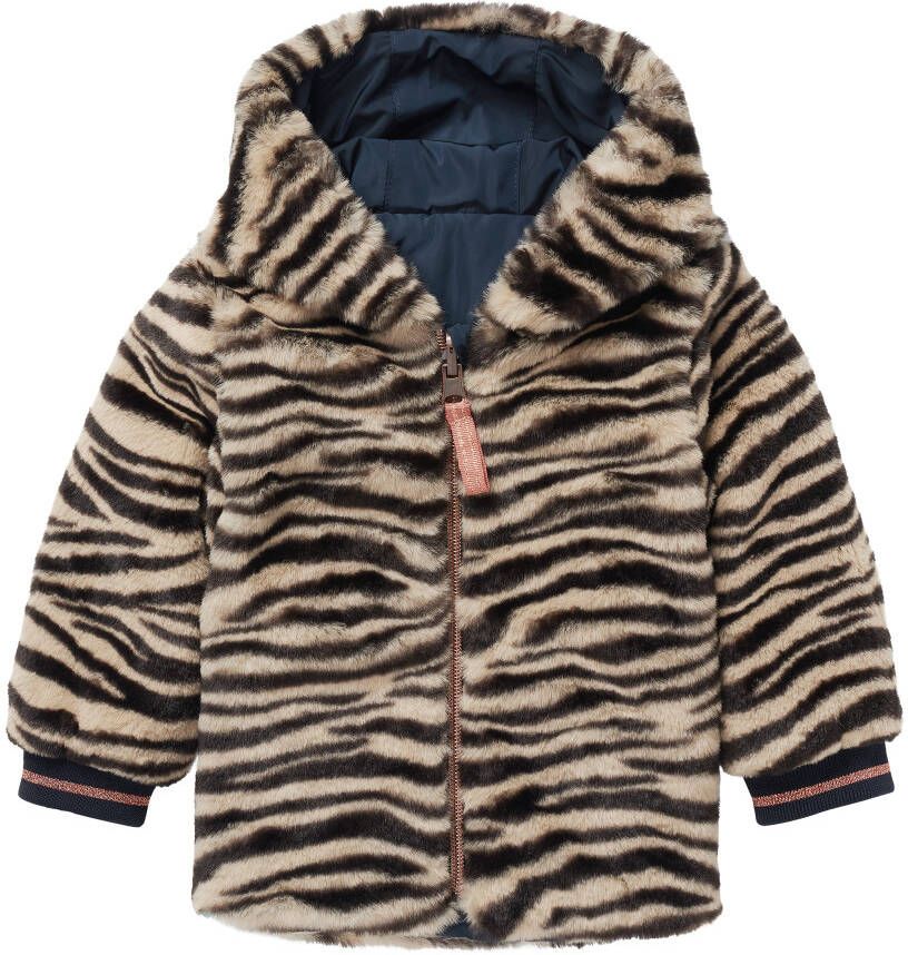 Noppies baby reversible imitatiebont/teddy winterjas Abilene met dierenprint donkerblauw/zwart/bruin
