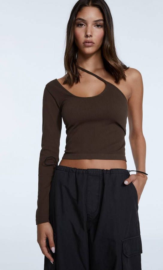Stradivarius Asymmetrisch Naadloos T Shirt Bruin