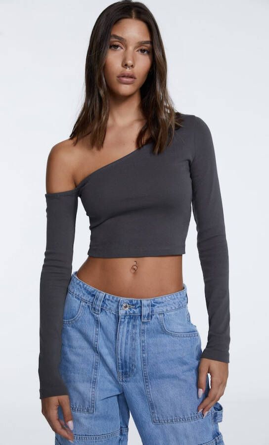 Stradivarius Asymmetrisch Topje Met Lange Mouw Grijs