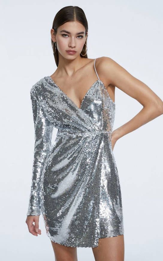 Stradivarius Asymmetrische Feestjurk Met Pailletten Grijs