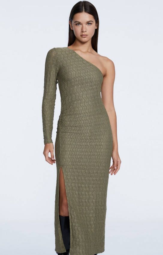 Stradivarius Asymmetrische Jurk Met Kant Kaki