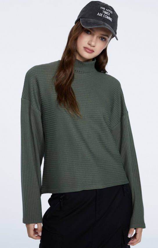 Stradivarius Basic Geribde, Geruwde Crop Top Kaki