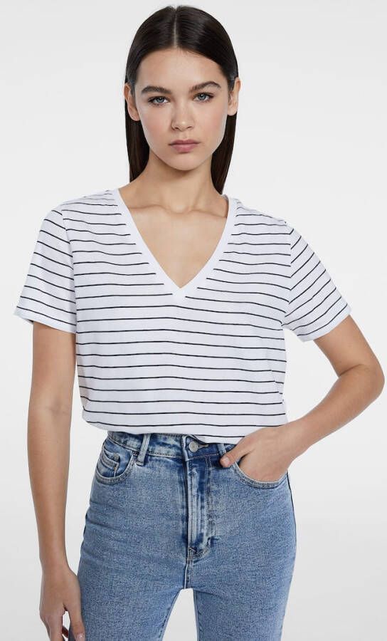 Stradivarius Basic Gestreept T Shirt Met V Hals Wit