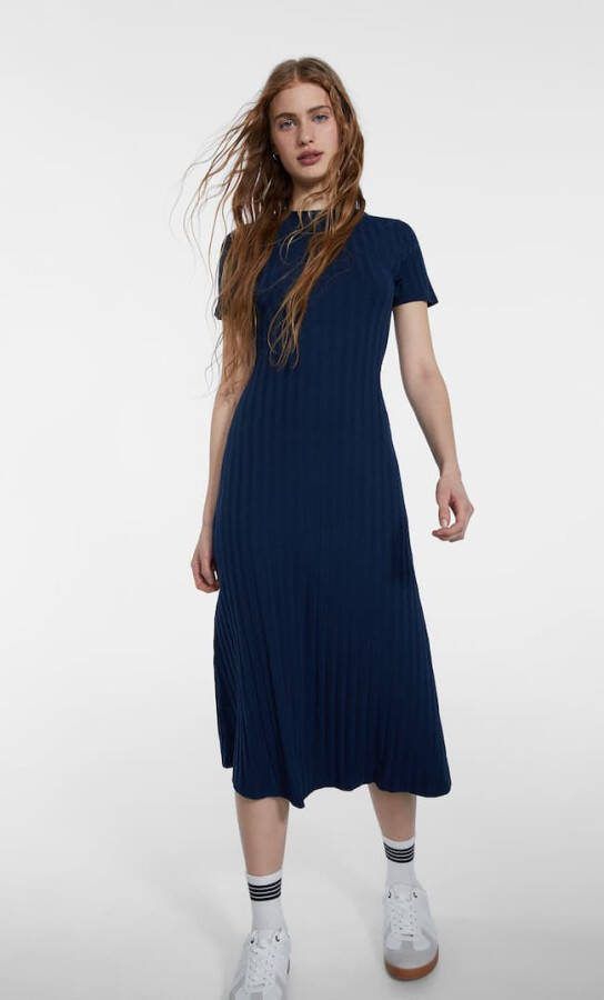 Stradivarius Basic Midi Jurk Met Ribcord Marineblauw