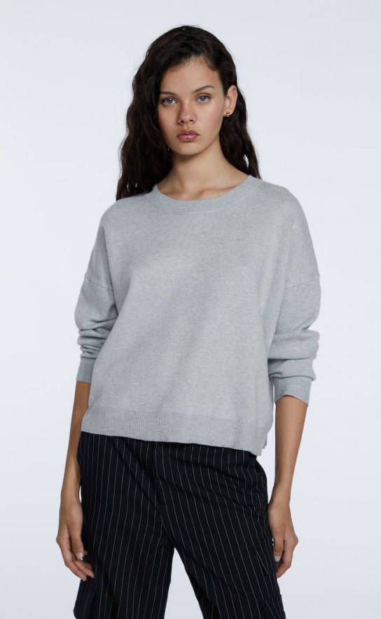 Stradivarius Basic Tricot Trui Met Ronde Hals Grijs Melange