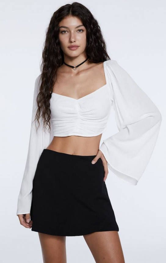 Stradivarius Blouse Met Klokkende Lange Mouw Wit