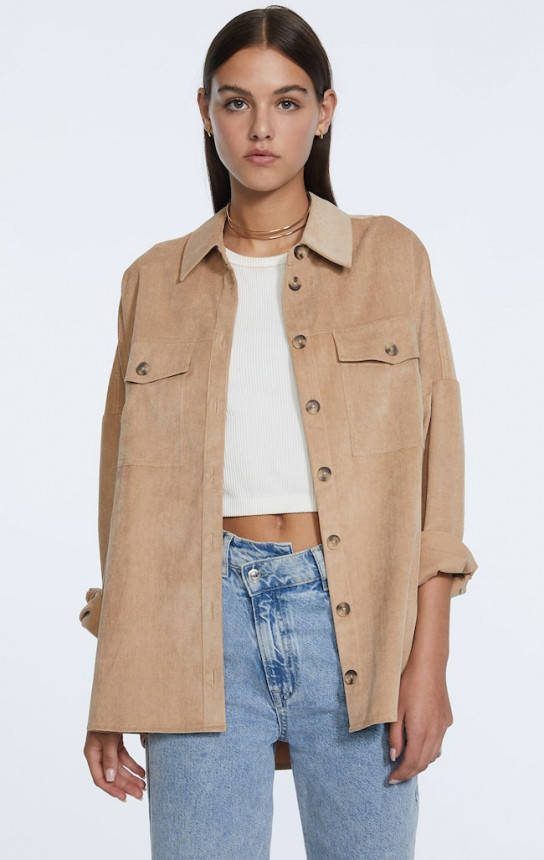 Stradivarius Corduroy Cargo Overshirt Beige