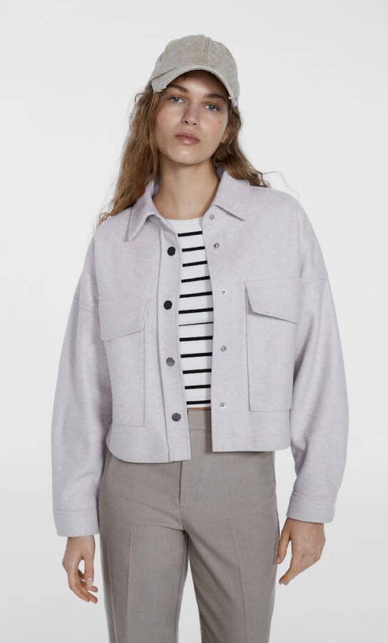 Stradivarius Cropped Geruwd Tricot Overshirt Ecru