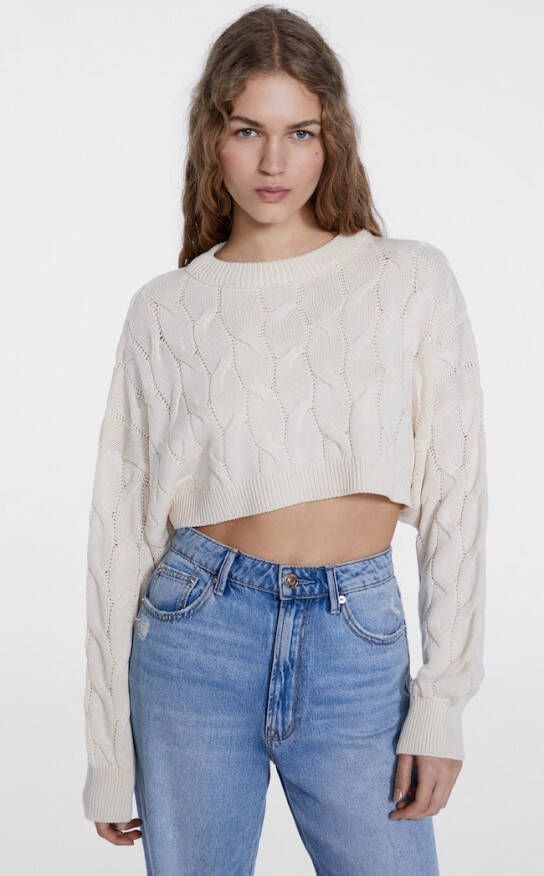Stradivarius Cropped Gevlochten Trui Vanille