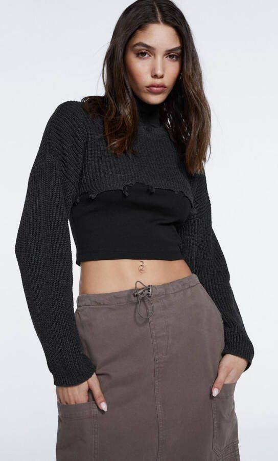 Stradivarius Cropped Opengewerkte Trui Met Scheuren Grijs
