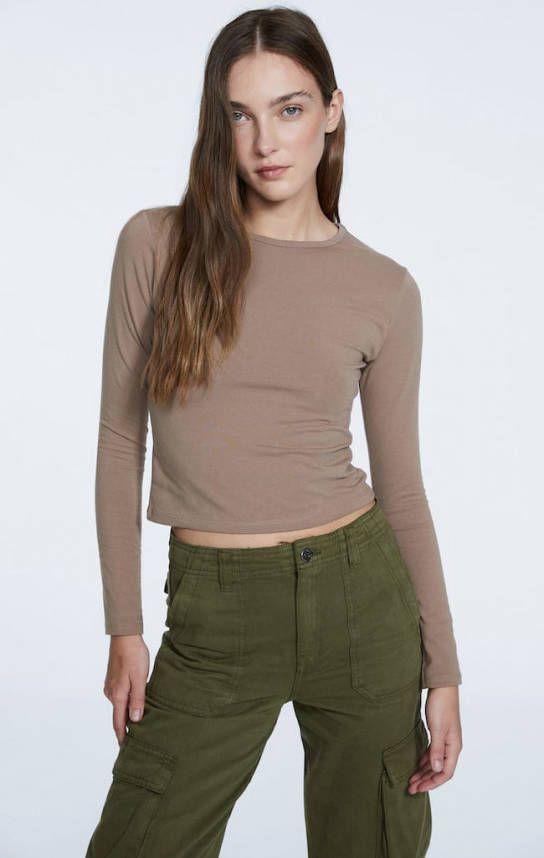 Stradivarius Cropped Shirt Met Lange Mouw Bruin