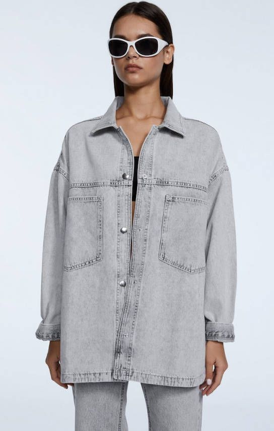 Stradivarius Denim Overshirt Met Zakken Grijs