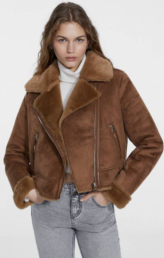 Stradivarius Dubbelzijdig Cropped Bikerjack Van Imitatiesuède Donkerkameel