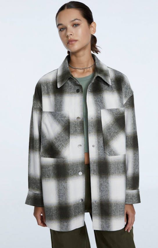 Stradivarius Flanellen Overshirt Met Dambordruit Kaki