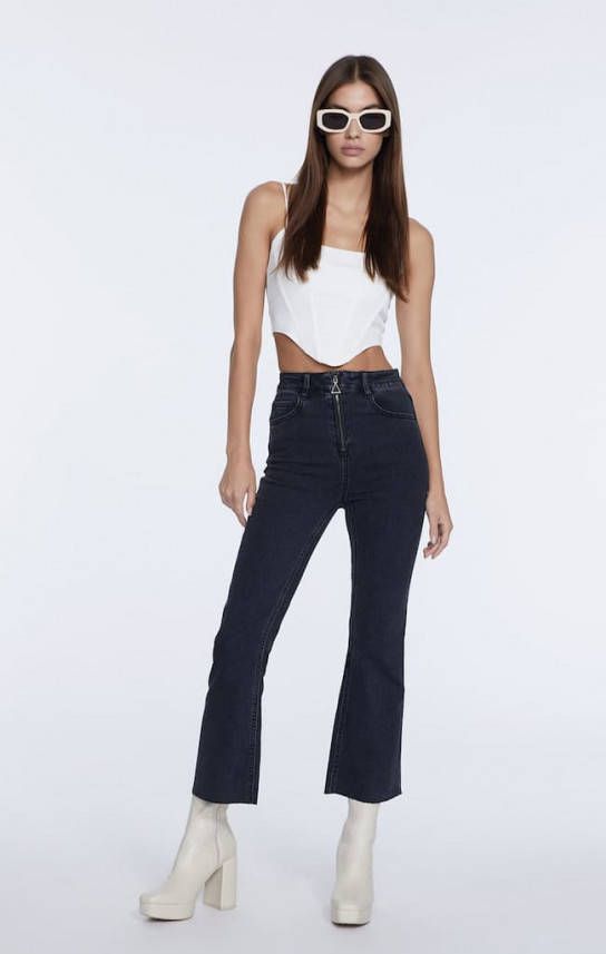 Stradivarius Flared Cropped Met Rits Zwart Gewassen Denim 36