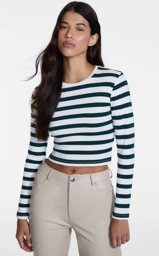 Stradivarius Gestreept T Shirt Met Lange Mouw Flessengroen