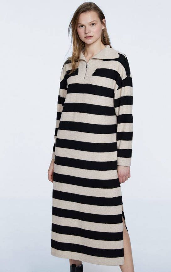 Stradivarius Gestreepte Midi Jurk Met Rits Steen