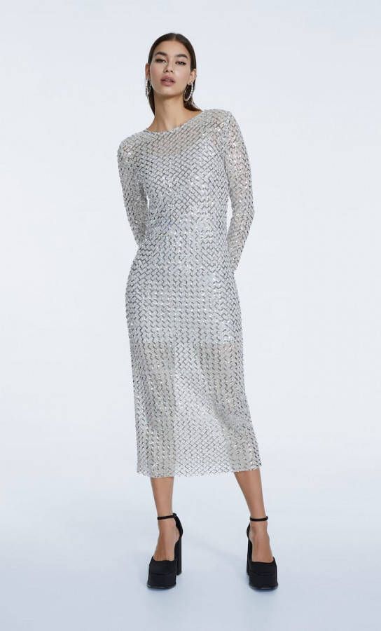 Stradivarius Halflange Avondjurk Met Transparantie En Stras Grijs