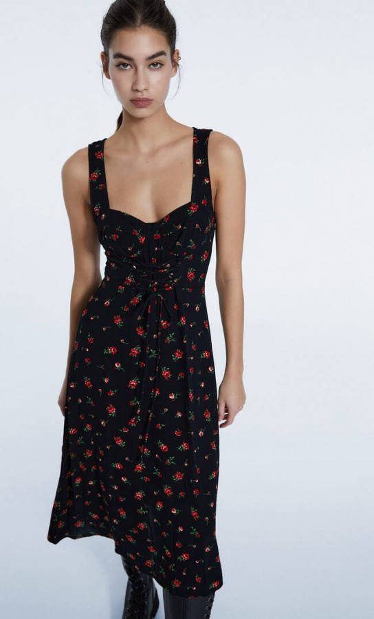 Stradivarius Kanten Midi Jurk Met Bloemenprint Zwart