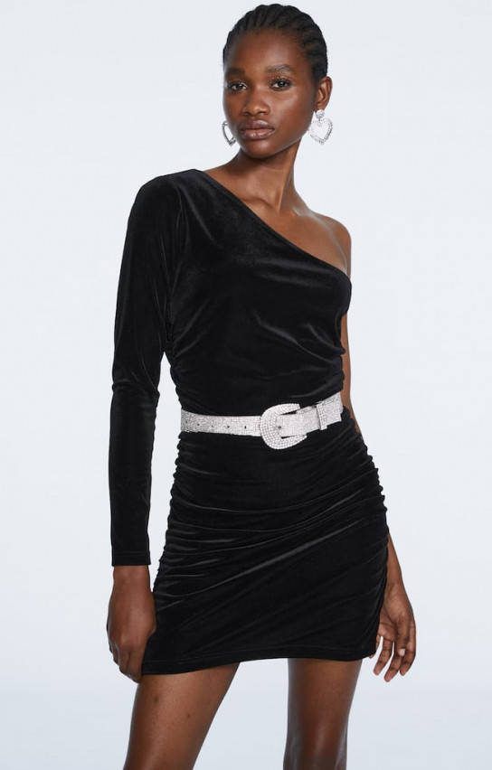 Stradivarius Korte Asymmetrische Velours Jurk Zwart