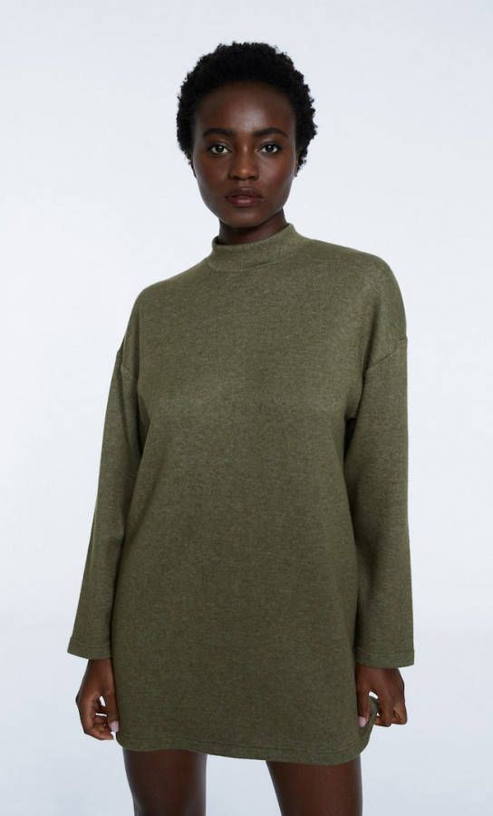 Stradivarius Korte Geruwde Jurk Kaki