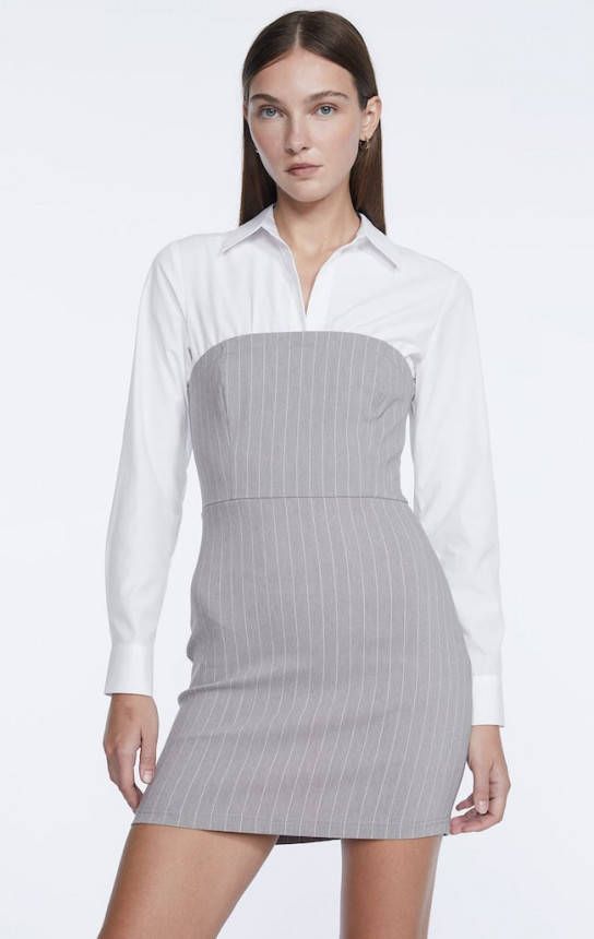 Stradivarius Korte Jurk Met Krijtstreep Van Twee Materialen Grijs Melange