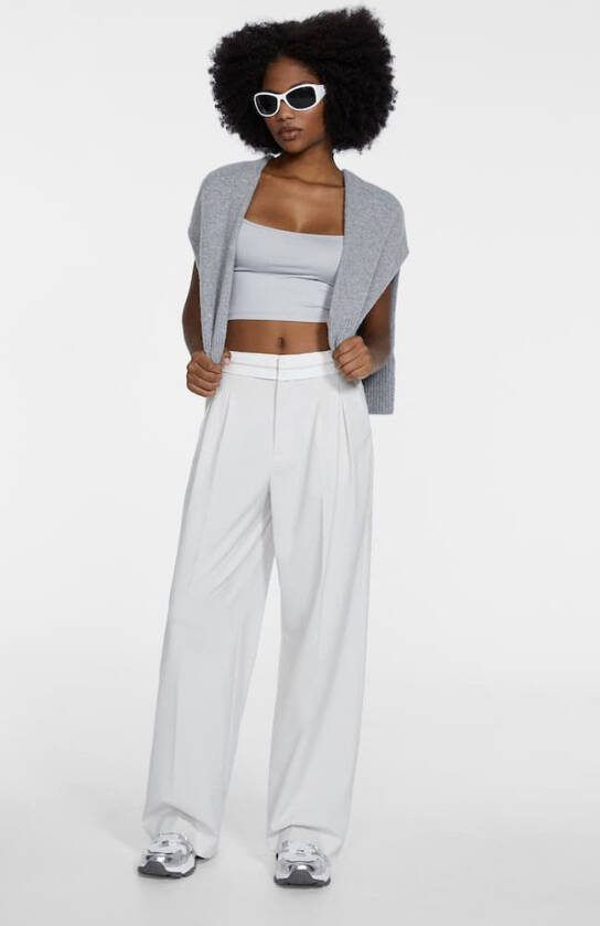 Stradivarius Lange Broek Met Omslag Bij De Taille Ecru 38