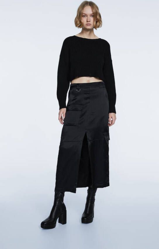 Stradivarius Lange Gesatineerde Cargorok Zwart