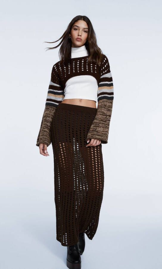 Stradivarius Lange Opengewerkte Tricot Rok Bruin