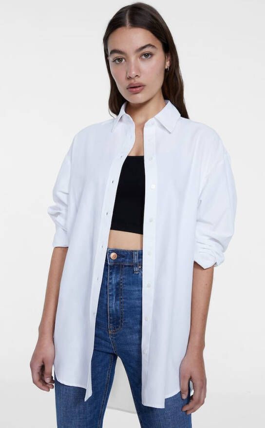 Stradivarius Lange Popeline Blouse Wit