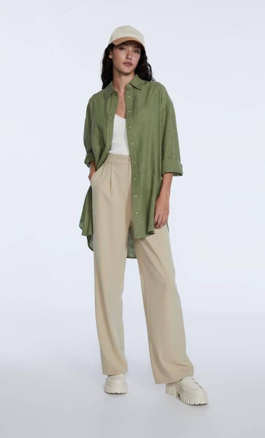 Stradivarius Lange Rustieke Blouse Kaki