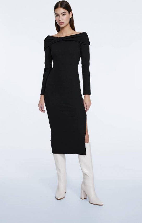 Stradivarius Midi Jurk Met Boothals Zwart