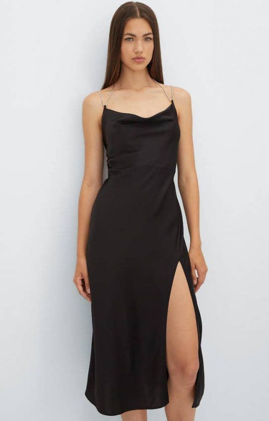 Stradivarius Midi Jurk Met Lingerielook En Stras Zwart