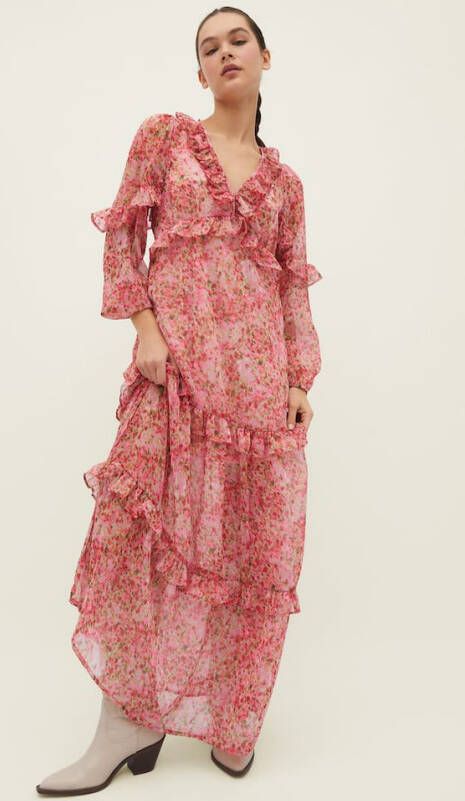 Stradivarius Midi Jurk Met Print En Volant Pastelroze