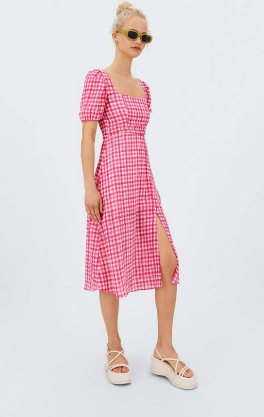 Stradivarius Midi Jurk Met Vichy Ruit Fuchsia