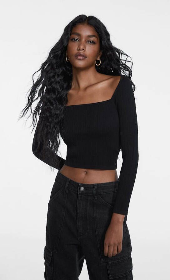 Stradivarius Naadloze Top Met Vierkante Halslijn Zwart