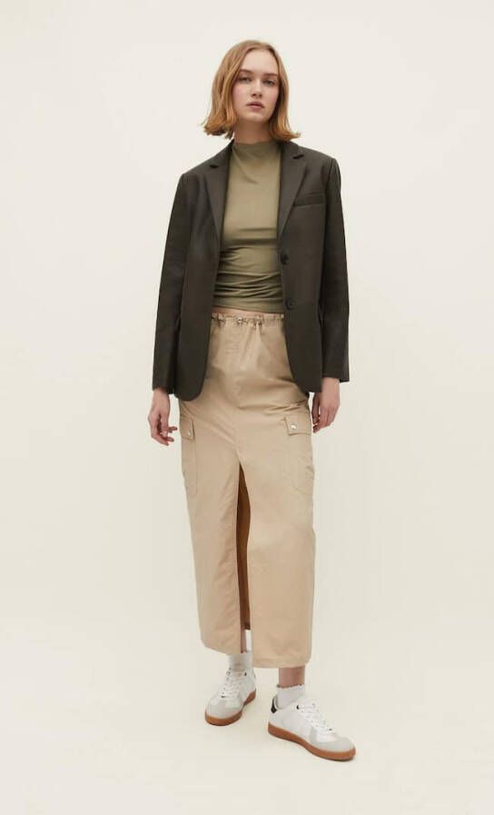 Stradivarius Oversized Blazer Met Leereffect Kaki