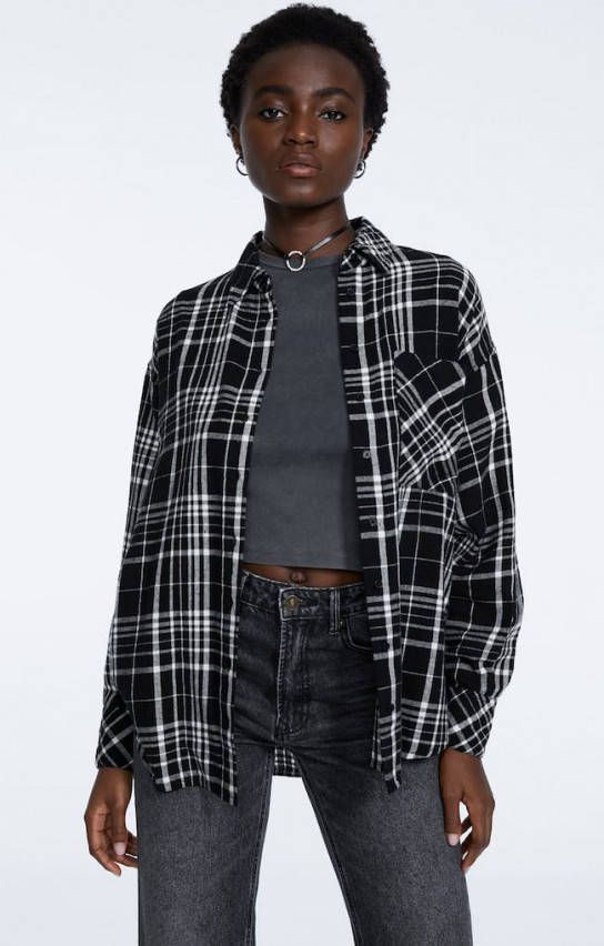 Stradivarius Oversized Blouse Met Dambordruit Zwart