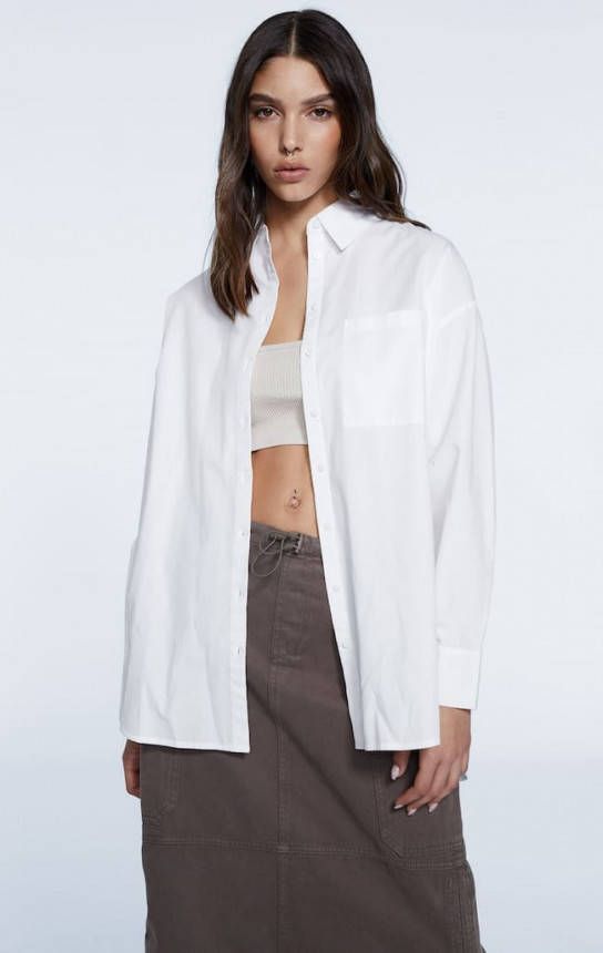 Stradivarius Oversized Popeline Blouse Met Zakje Wit