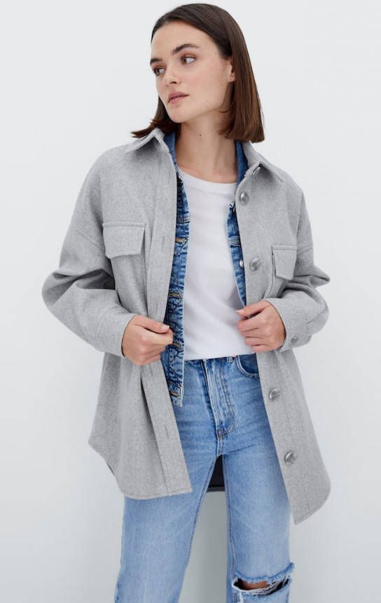 Stradivarius Oversized Tricot Overjas Grijs Melange