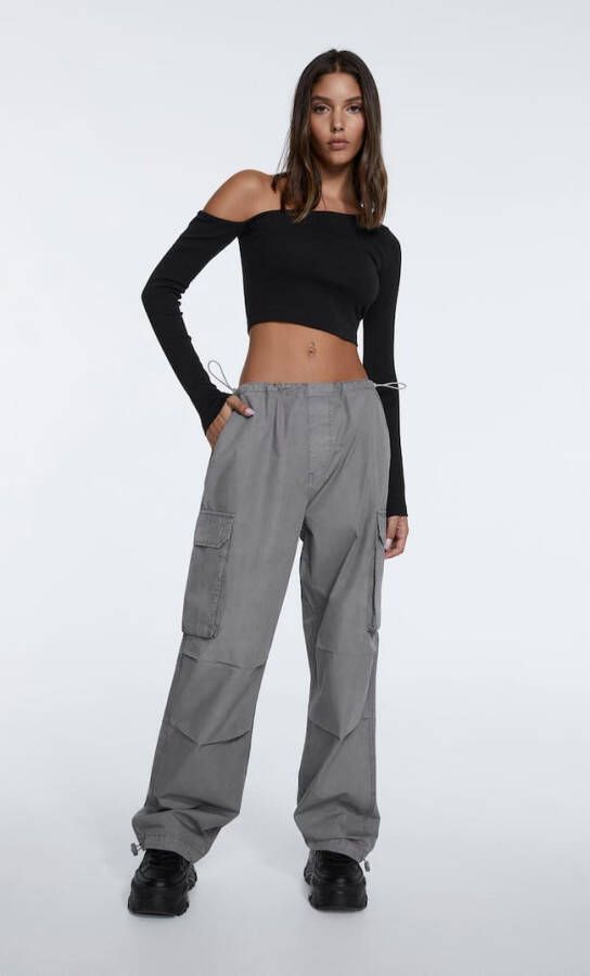 Stradivarius Popeline Cargo Parachutebroek Parelgrijs