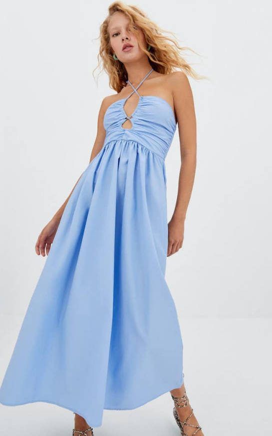 Stradivarius Popeline Midi Jurk Met Cut Out Bij De Halslijn Hemelsblauw