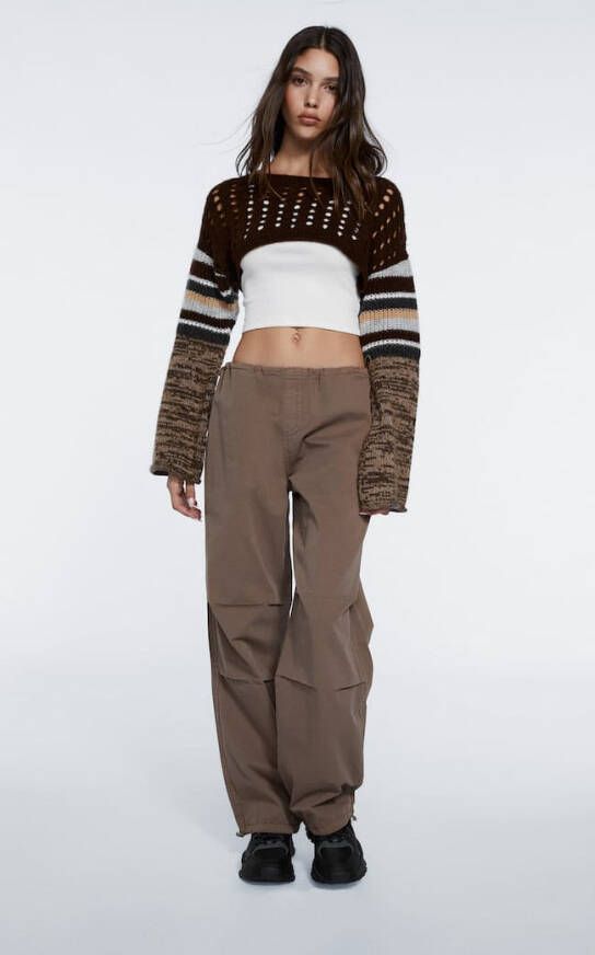 Stradivarius Popeline Parachutebroek Met Stoppers Bruin