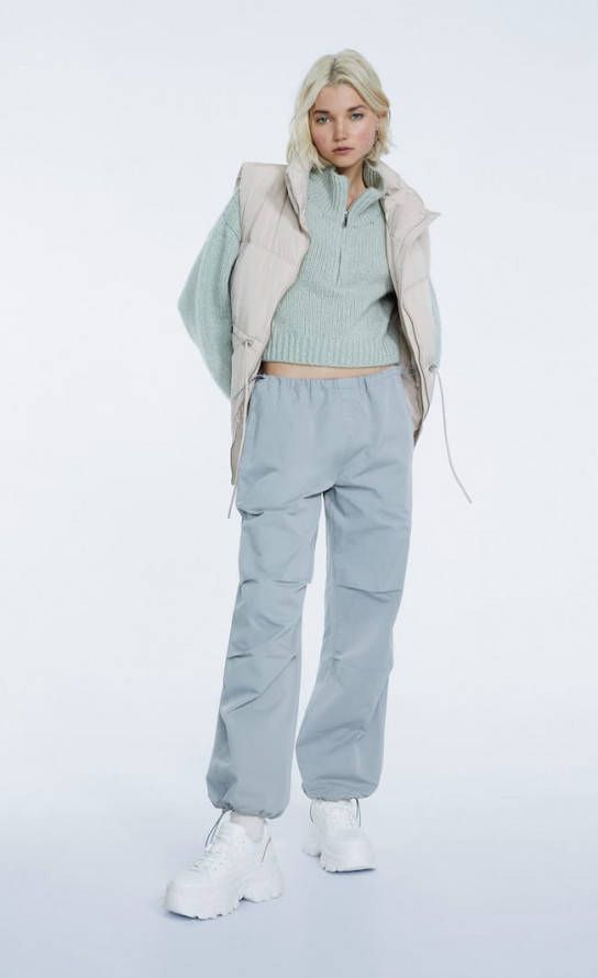 Stradivarius Popeline Parachutebroek Met Stoppers Pastelgroen